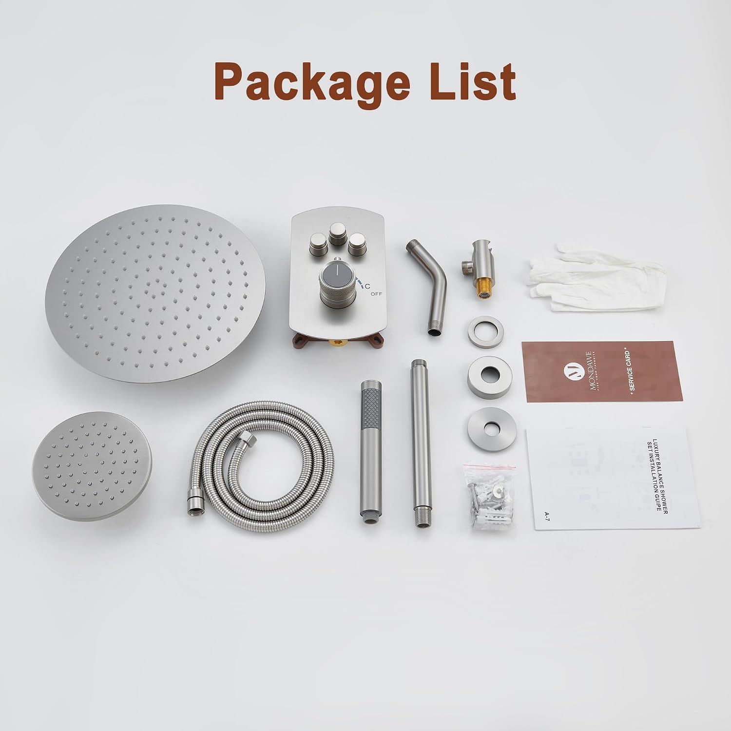 MONDAWE 12 Inch Ceiling Mounted Shower System in Brushed Nickel, 3-Function Shower Faucet Set with Rainfall Dual Shower Head and High Pressure Handheld Spray, All Function Can be Used At the Same Time
