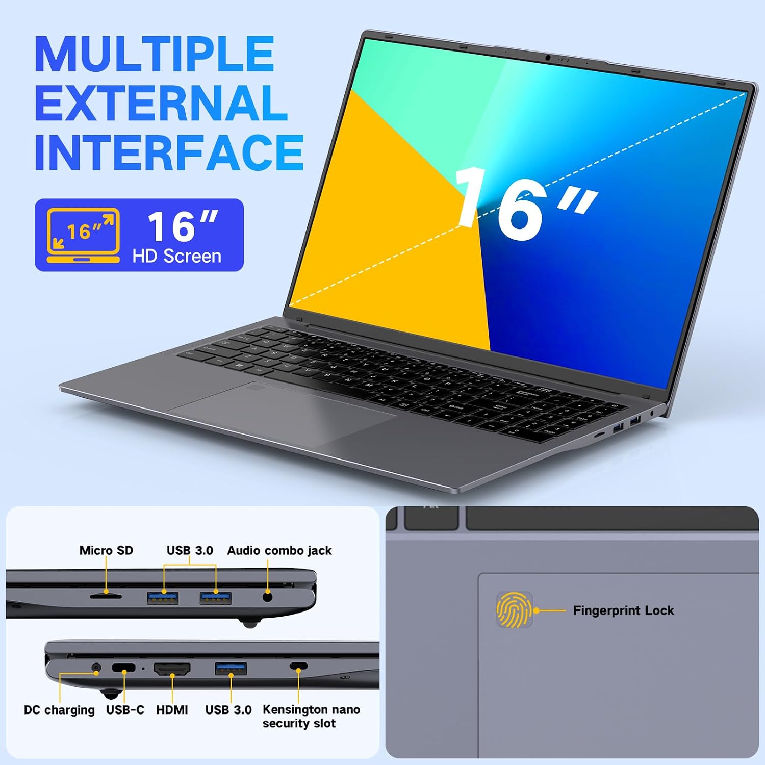 DERE Laptop,16 inch Laptop Comupter,Win11 | 16GB RAM 512GB SSD | Celeron N5805 | 2.5K QHD IPS Display|Fingerprint Unlock|Backlit Keyboard|WiFi 6|HDMI for Study,Business,Working,Sliver Gray