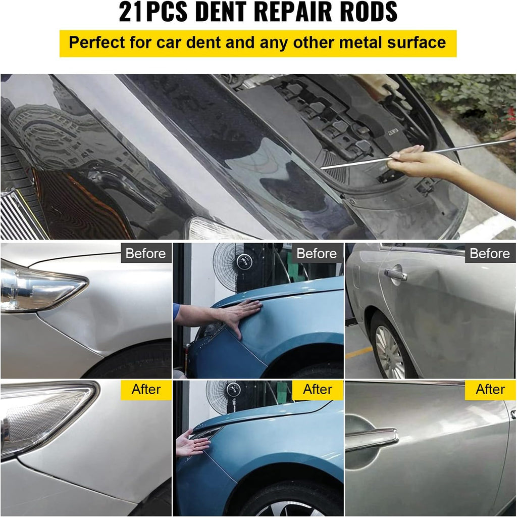 VEVOR Rods Dent Removal Kit, 21 Pcs Paintless Dent Repair Rods, Stainless Steel Dent Rods, Whale Tail Dent Repair Tools, Professional Hail Dent Removal Tool For Minor Dents, Door Dings And Hail Damage