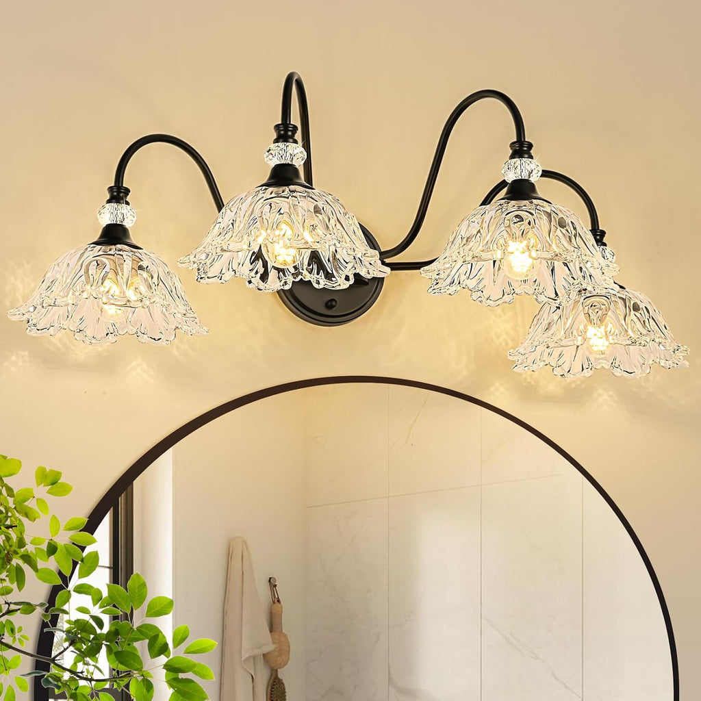 4-Light Matte Black Bathroom Vanity Light, Farmhouse Vanity Light with Floral Clear Glass Shades, Vintage Wall Mount Lighting for Bathroom