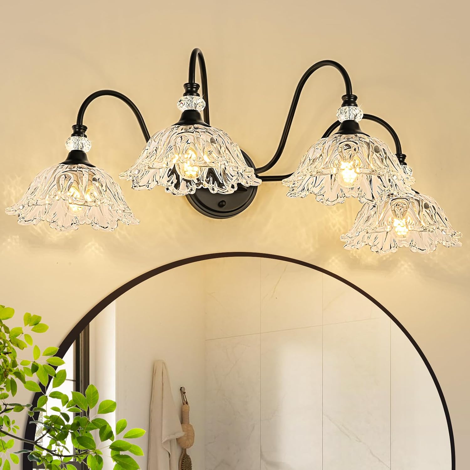 4-Light Matte Black Bathroom Vanity Light, Farmhouse Vanity Light with Floral Clear Glass Shades, Vintage Wall Mount Lighting for Bathroom