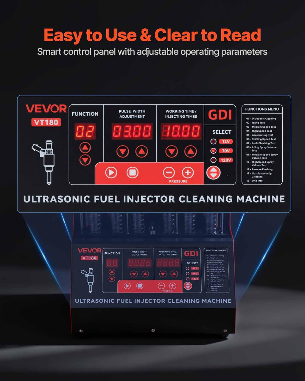 VEVOR Fuel Injector Cleaner Tester, 9 Test Modes, 6-Cylinder 28kHz Ultrasonic Cleaning Machine Adjustable 12V/70V/120V for EFI/FSI/GDI, Injector Cleaner Machine with Drain Valve for Car & Motorcycle
