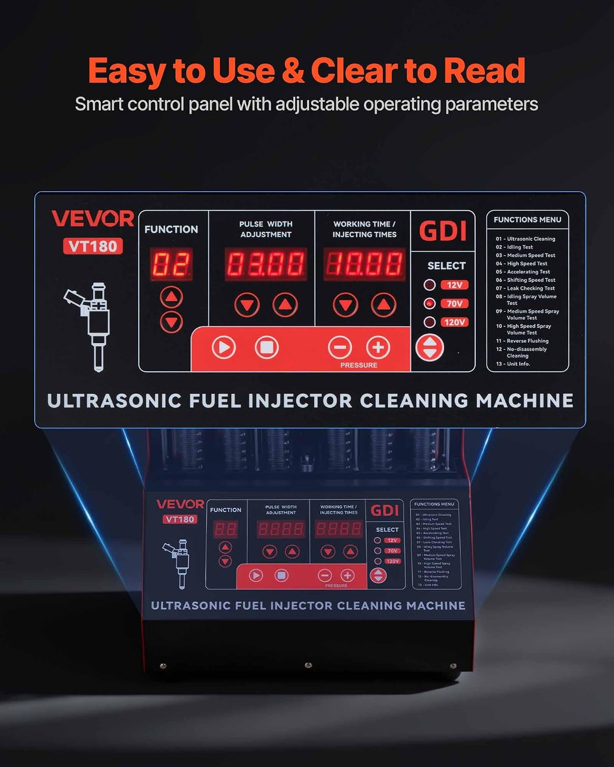 VEVOR Fuel Injector Cleaner Tester, 9 Test Modes, 6-Cylinder 28kHz Ultrasonic Cleaning Machine Adjustable 12V/70V/120V for EFI/FSI/GDI, Injector Cleaner Machine with Drain Valve for Car & Motorcycle