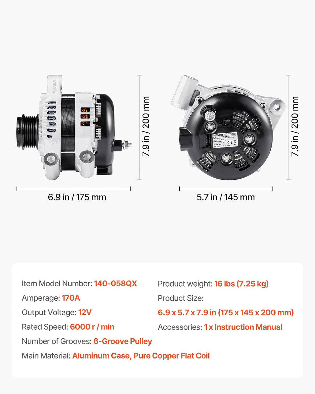 VEVOR Car Alternator 11252, Fit for Buick Enclave Base 3.6L 2012-2013, Chevy Traverse LT 2009-2016, GMC Acadia SLT 2007-2015, Saturn Outlook V6 2007-2010, Automotive Replacement Alternator 25815839