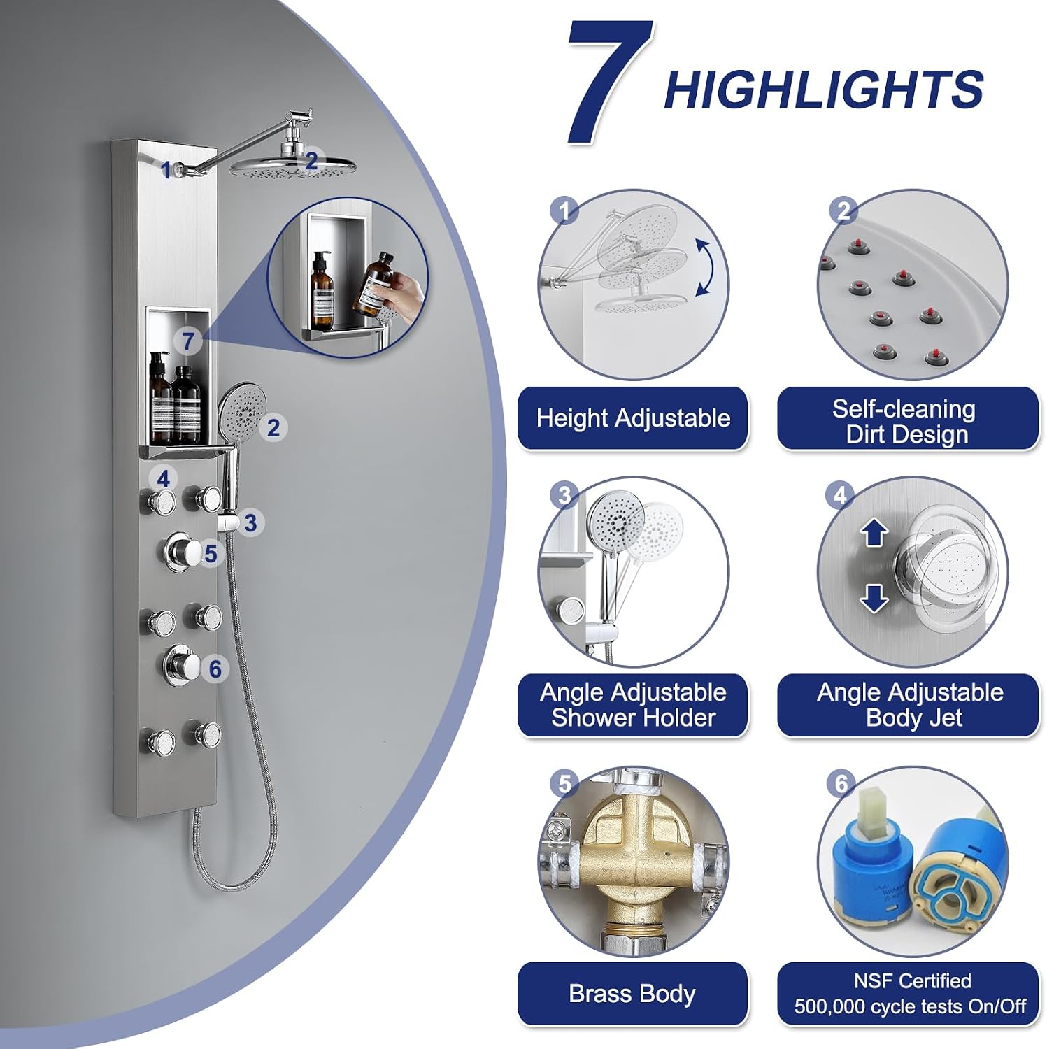 ROVATE Shower Panel Tower System with Shelf, Adjustable Shower Arm, Brushed Shower Tower with 6 Body Jets, Self-Cleaning Rainfall Showerhead & Handheld, Powerful Shower Column Stainless Steel