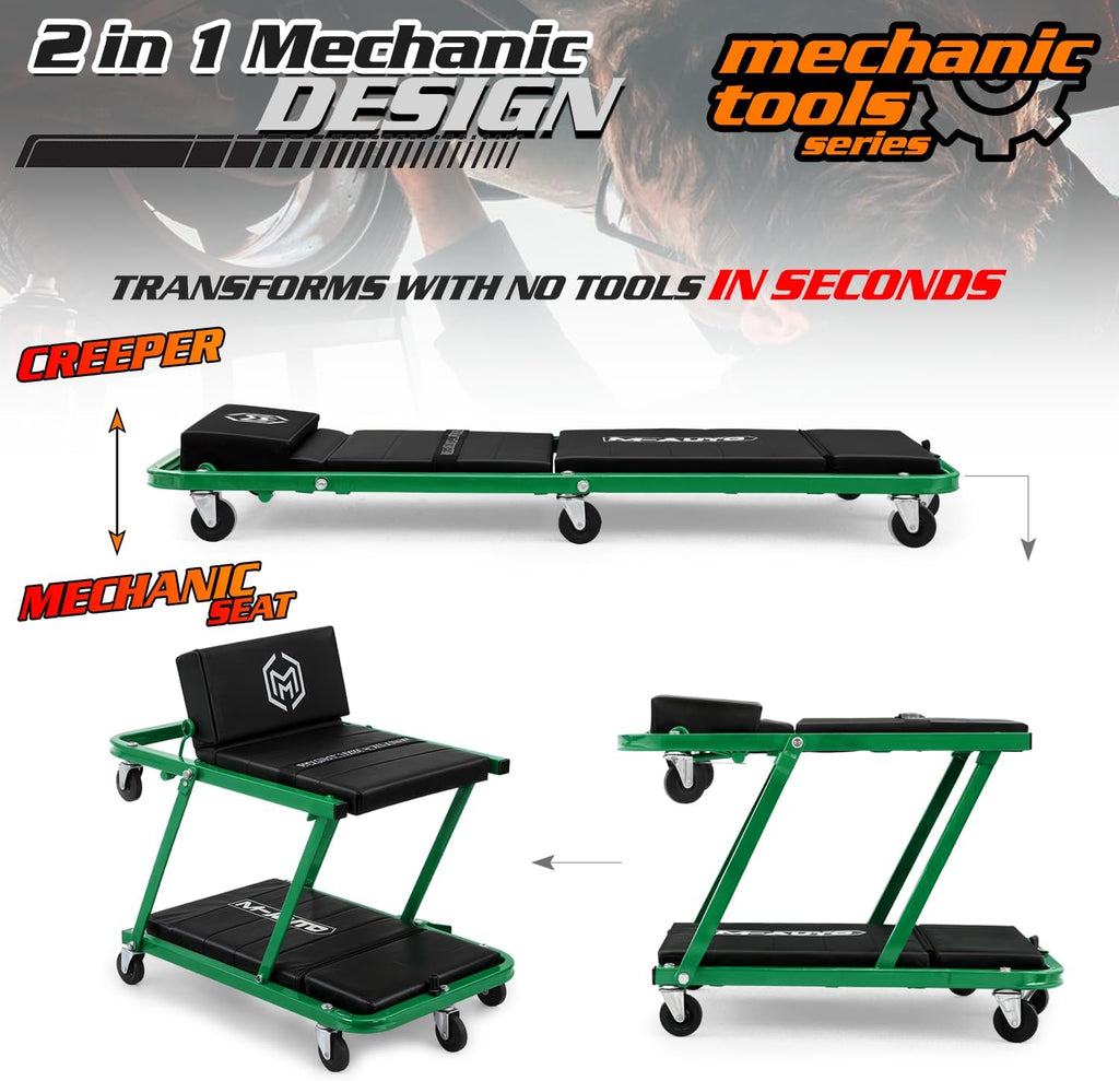 M-AUTO Heavy-Duty Convertible Mechanic Creeper, 48' Padded Adjustable Headrest Roller Garage Chair with 7 Swivel Casters for Washing, Detailing, Maintenance, Green