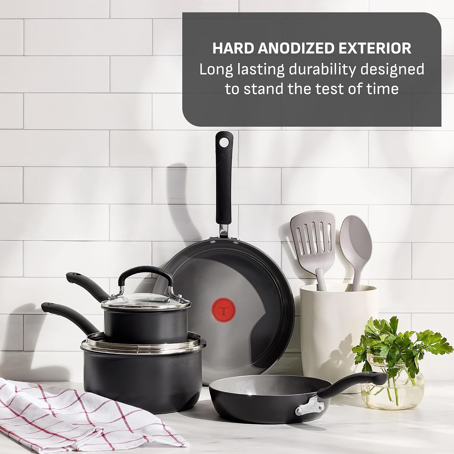 T-Fal Ultimate Hard Anodized Ceramic Nonstick 8 Piece Cookware Set, Oven Safe Up to 400°F, Dishwasher Safe, Pots and Pans Set, Includes Frying Pans, Saucepan, Cooking Utensils, Stone