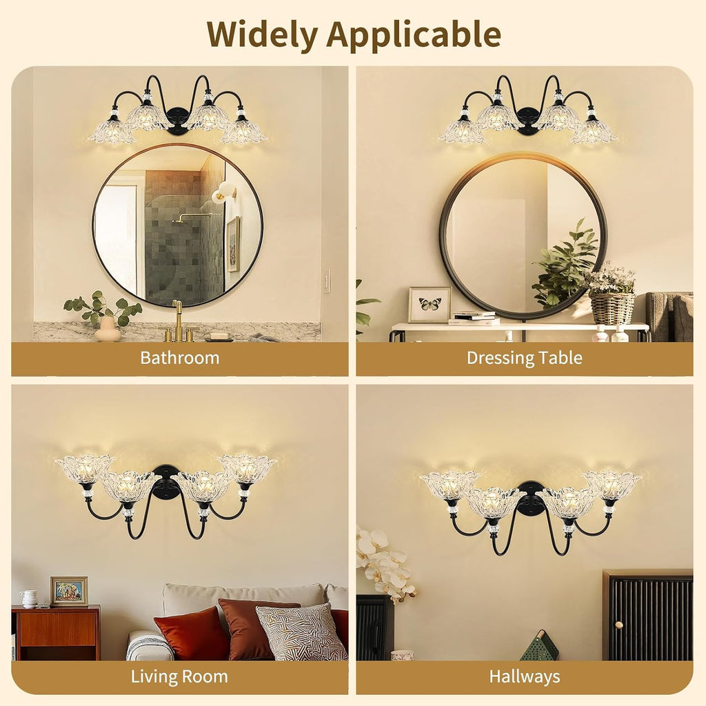 4-Light Matte Black Bathroom Vanity Light, Farmhouse Vanity Light with Floral Clear Glass Shades, Vintage Wall Mount Lighting for Bathroom