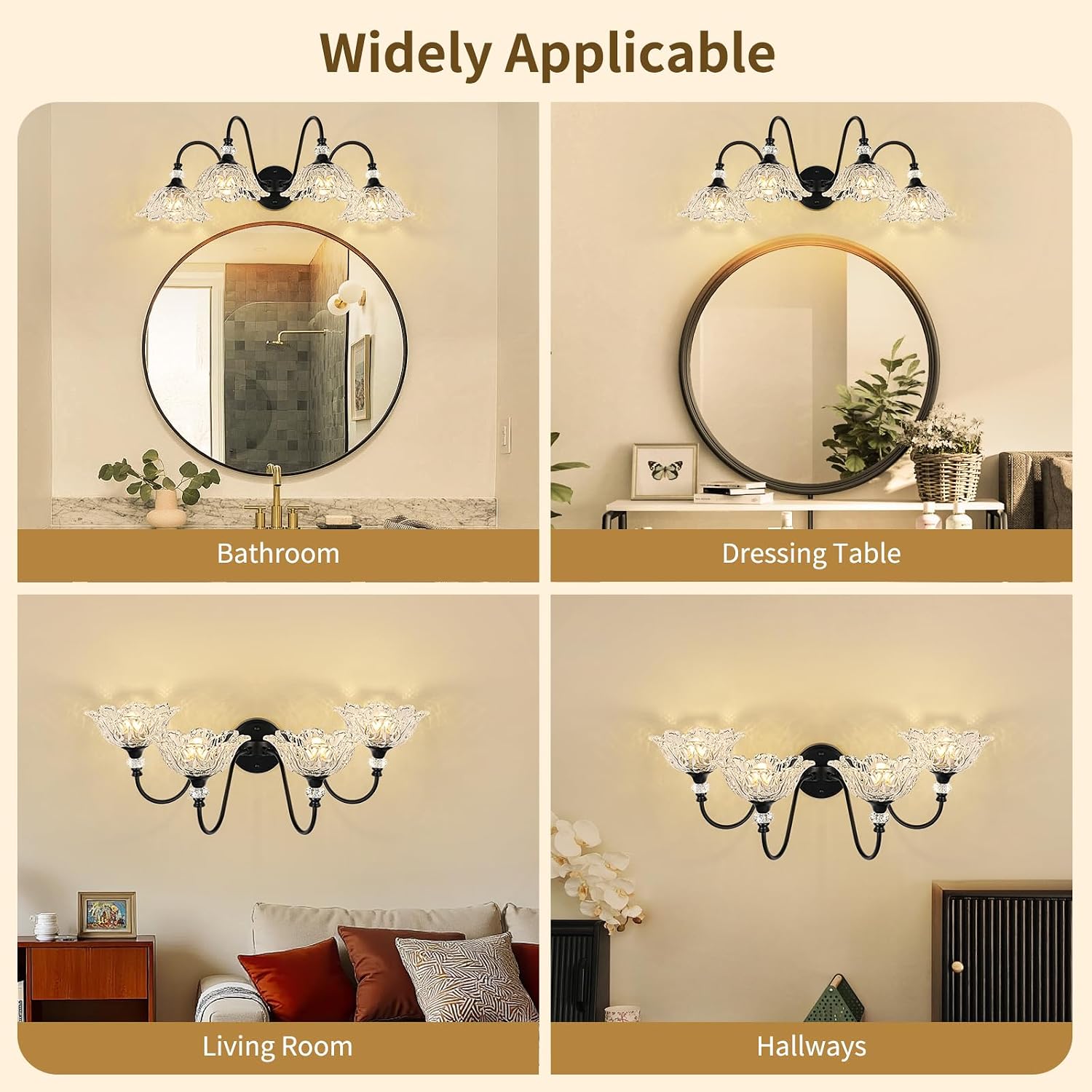 4-Light Matte Black Bathroom Vanity Light, Farmhouse Vanity Light with Floral Clear Glass Shades, Vintage Wall Mount Lighting for Bathroom