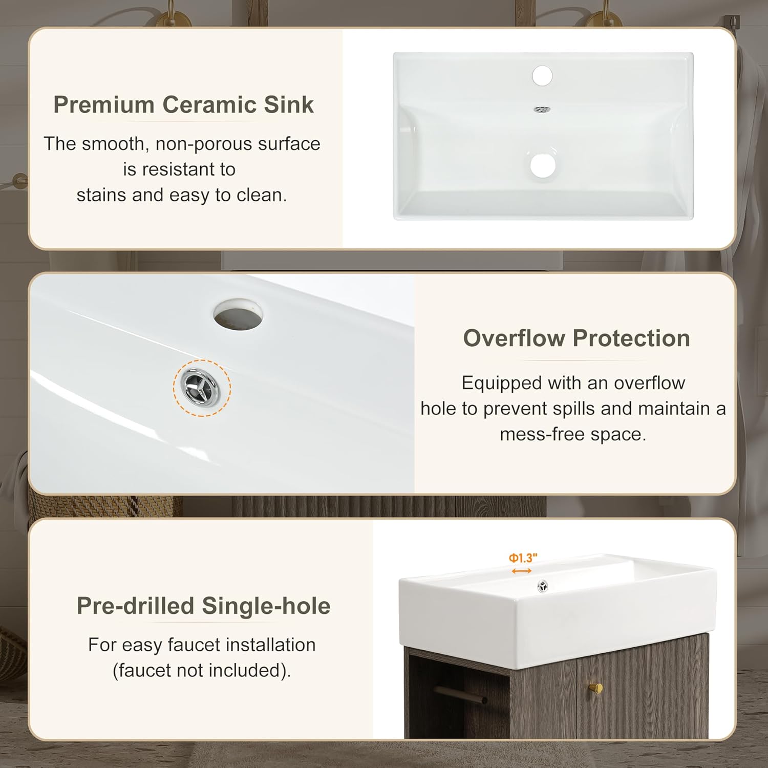 21.6-inch Bathroom Vanity with Reversible Sink, Free-Standing Single Storage Cabinet with One Right Door and Side Open Shelf, Vanity with Ceramic Basin for Bathroom (Wood)