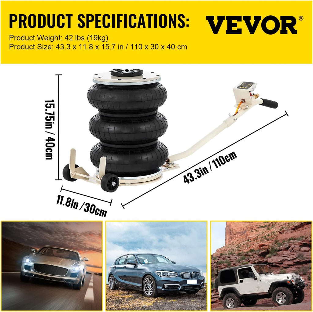 VEVOR 5 Ton/11000 lbs Triple Bag Air Jack, Air Bag Jack Lift Up to 15.75 Inch, 3-5S Fast Lifting, for Cars with Long Handle (Beige)