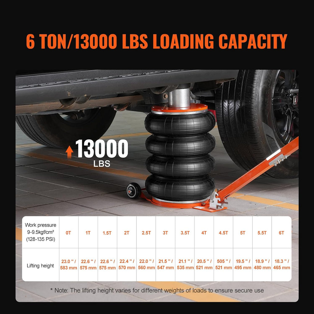 VEVOR Air Jack, 6 Ton/13000 lbs Quadruple Bag Air Jack, Lift up to 26.5', with Heightened Column & Adjustable Handle, Thick Rubber Pad, 2-5 S Fast Lifting Pneumatic Jack for Car, SUV, Pickup Truck