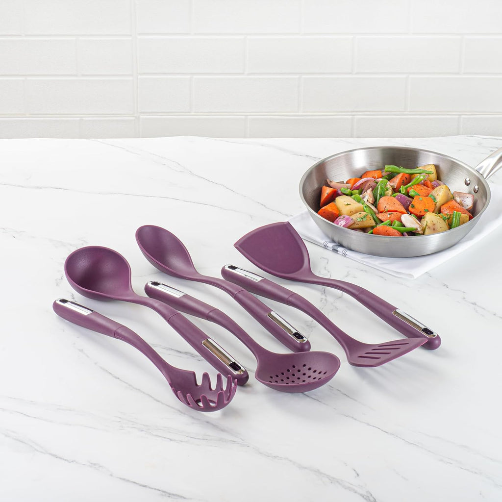 Restaurantware Silicone Utensil Set Pack of 10 Non-Slip Handle 6-Piece Kitchen Tool Set, Heat-Resistant Dishwasher-Friendly Cooking Accessories, Durable Purple Cooking Utensils