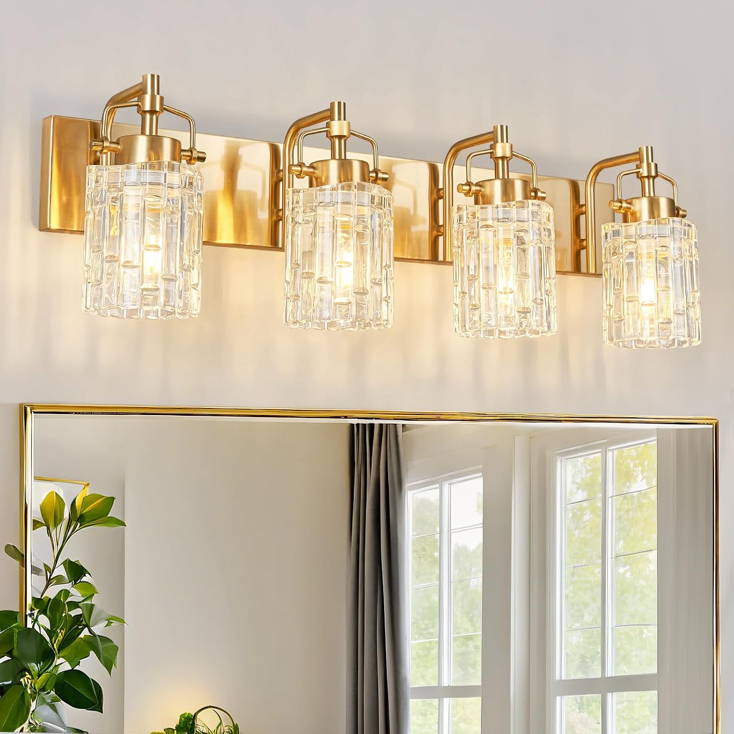 4 Light Crystal Glass Vanity Light, Gold Bathroom Lighting Fixtures Over Mirror Modern Bath Wall Sconce Lighting for Bedroom Living Room