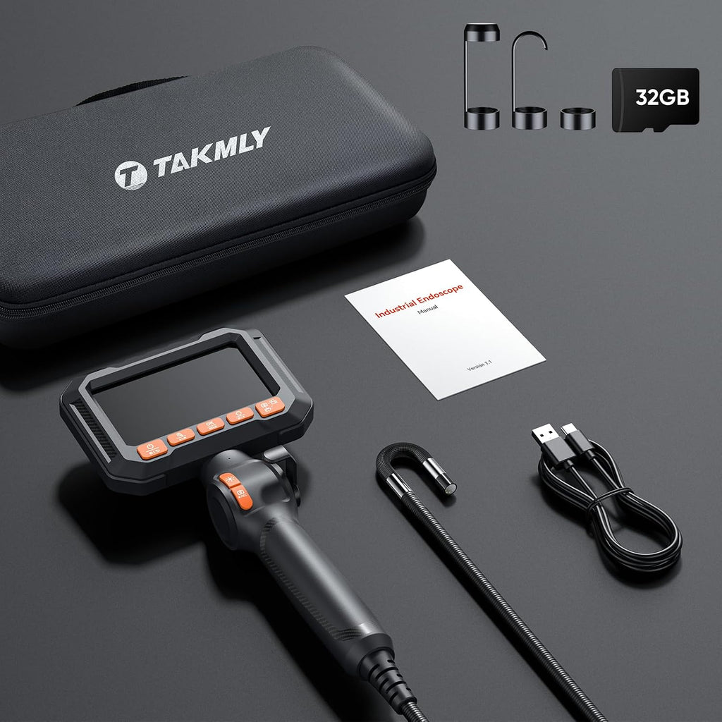 T Takmly Two-Way Articulating Borescope with Light, 210° Steerable 1080P Endoscope Camera, 0.33inch Semi-Rigid Snake Scope, 4.3' IPS Screen, 32GB, 5.5FT for Automotive Engine HVAC Wall Mechanics