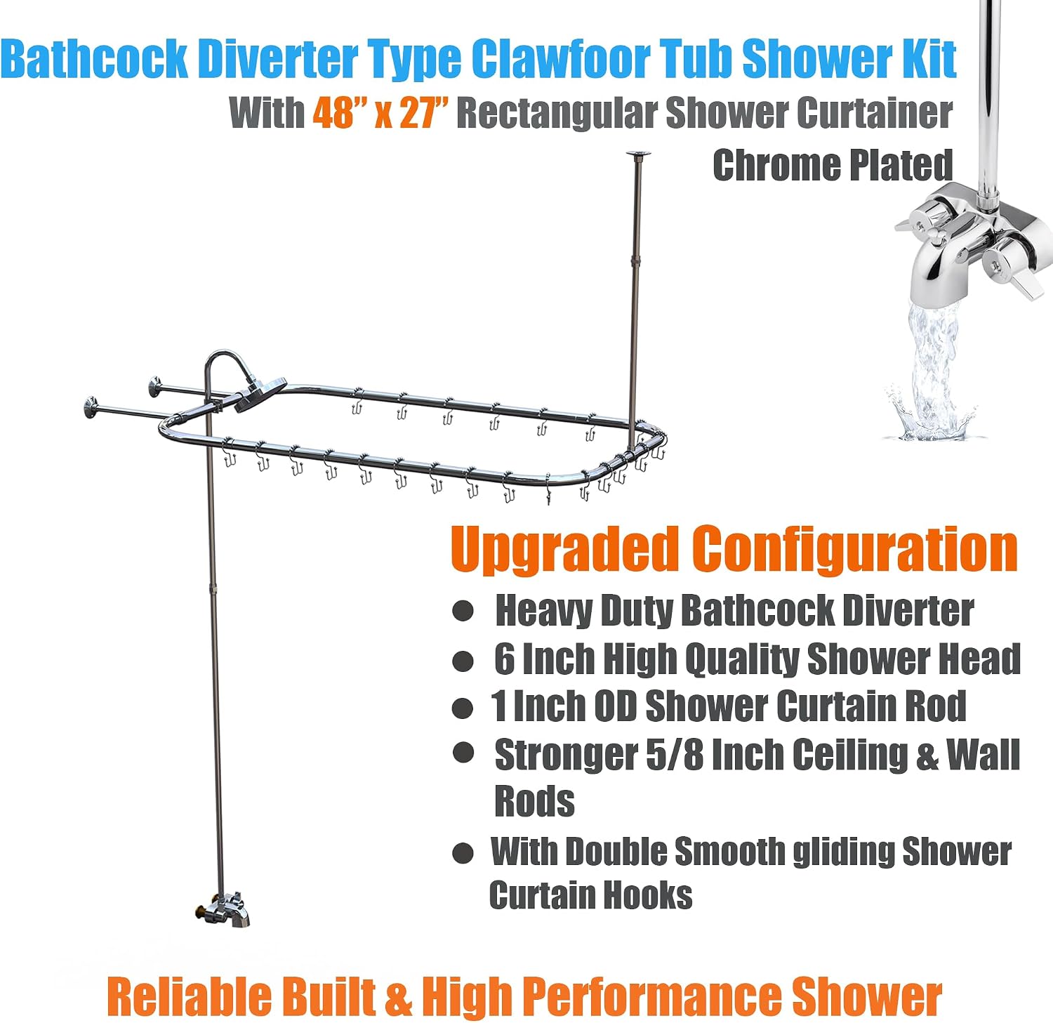 Clawfoot Tub Shower Kit, Add On Shower Units With Bathcock Diverter Faucet and 48' X 27' Rectangular Claw foot Tub Shower Curtain Rod Kit,Claw foot Tub Shower Faucet Set,Chrome Plated