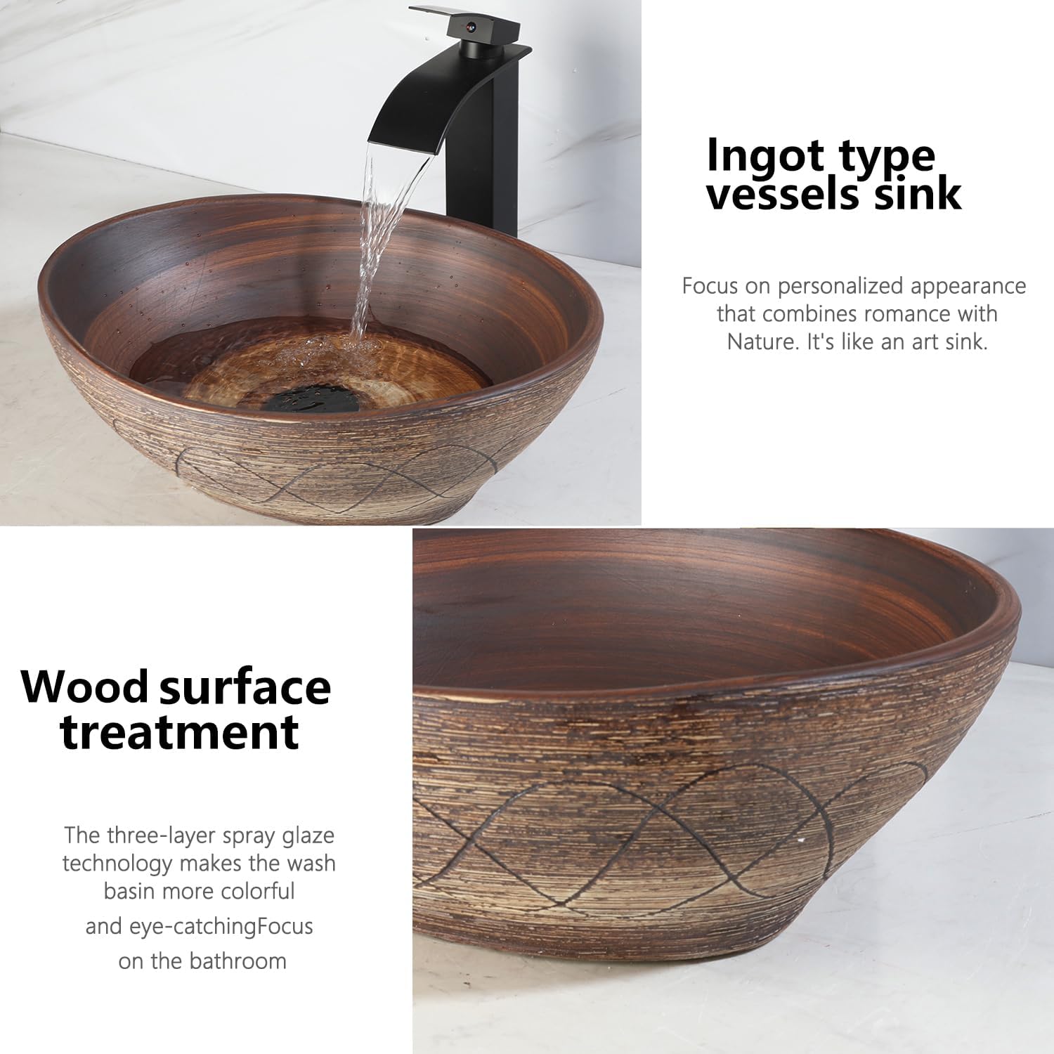 Ceramic Vessel Sink with Faucet and Drain Combo Brown Bathroom Sink Above Counter Oval Sinks Bowl
