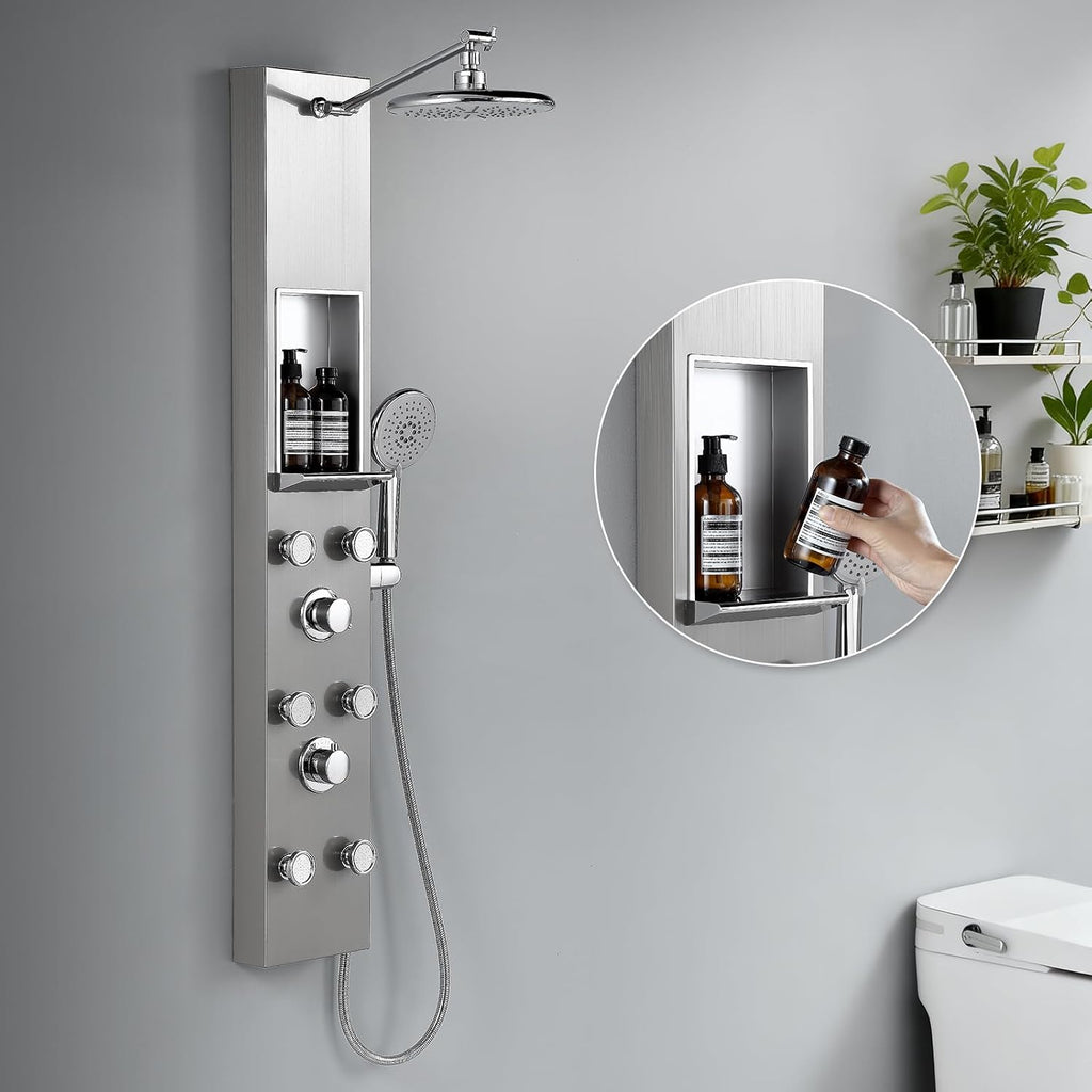 ROVATE Shower Panel Tower System with Shelf, Adjustable Shower Arm, Brushed Shower Tower with 6 Body Jets, Self-Cleaning Rainfall Showerhead & Handheld, Powerful Shower Column Stainless Steel