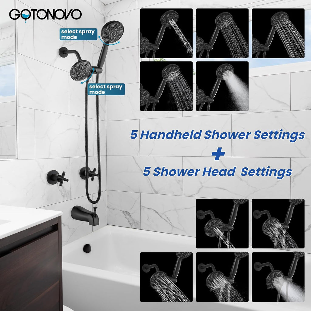gotonovo 2 Handle Tub Shower Faucet Set Bathtub and Shower Faucet Combo Dual Shower Head and Handle Set Tub Shower Trim Kit Shower System with Tub Spout Wall Mount Matte Black