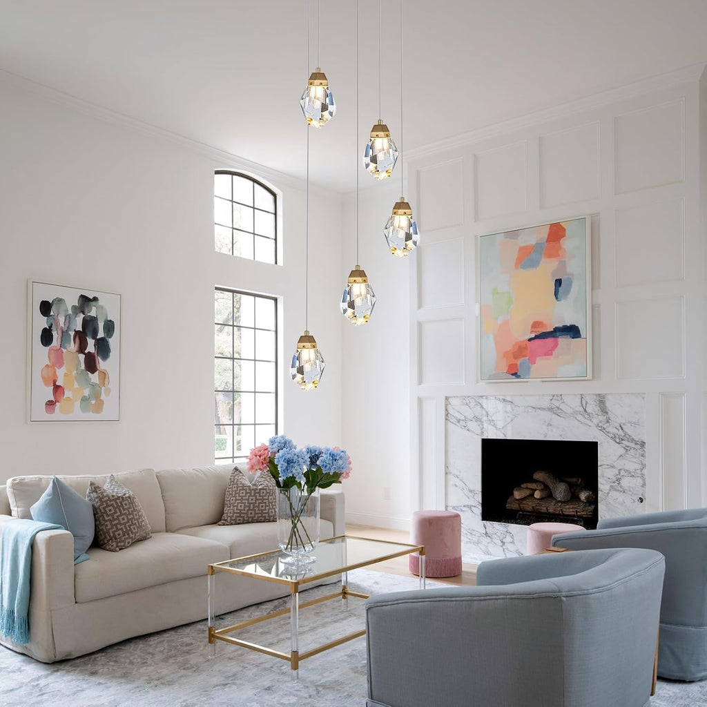 Dimmable Brass Gold Crystal Pendant Light - Modern 5-Light Diamond Chandelier for Kitchen Island, Dining Room, Hallway, and Bathroom