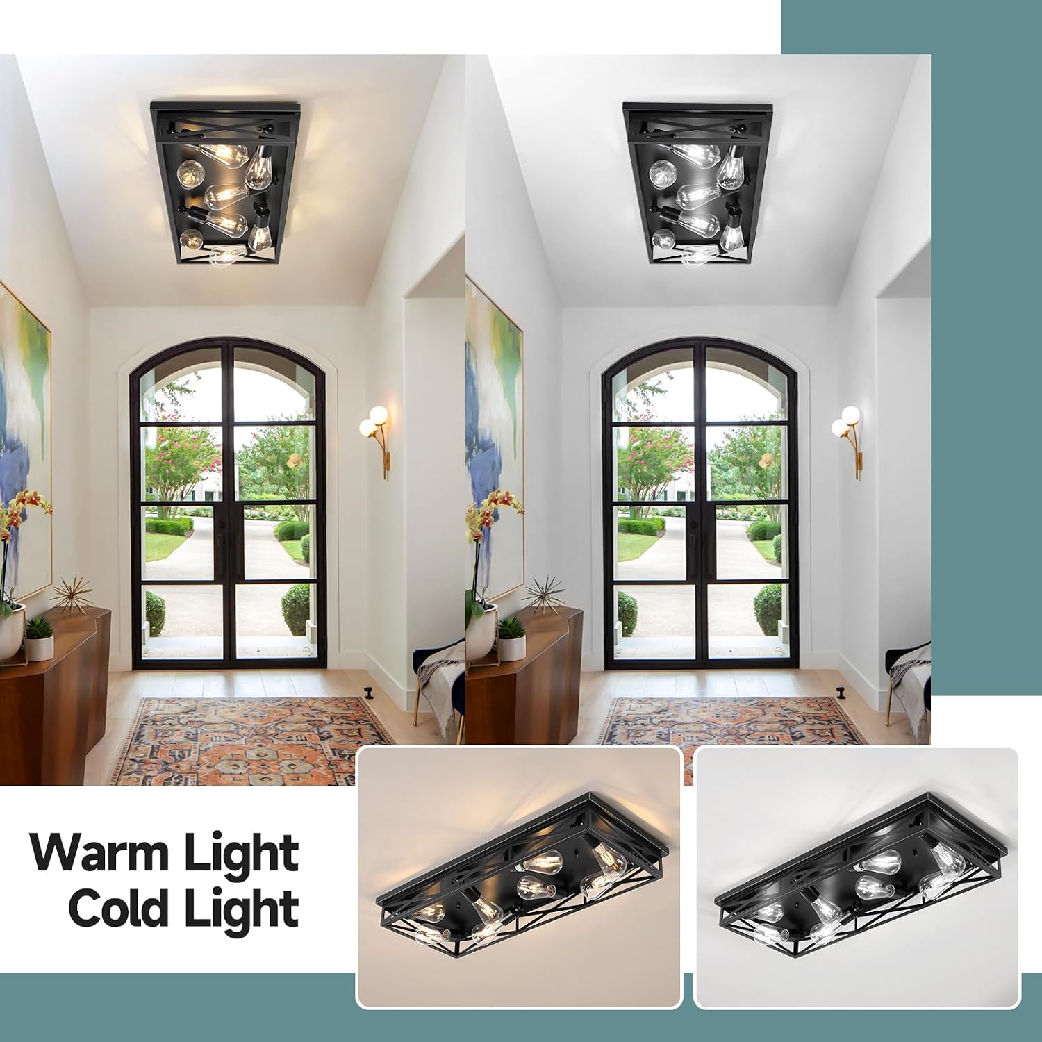 8-Light Large Flush Mount Ceiling Light Fixture, 31' Black Hallway Light, Metal Cage Closed to Ceiling Mounted Lights, Farmhouse Flush Mount Light Fixture for Bedroom Kitchen Hallway Entryway