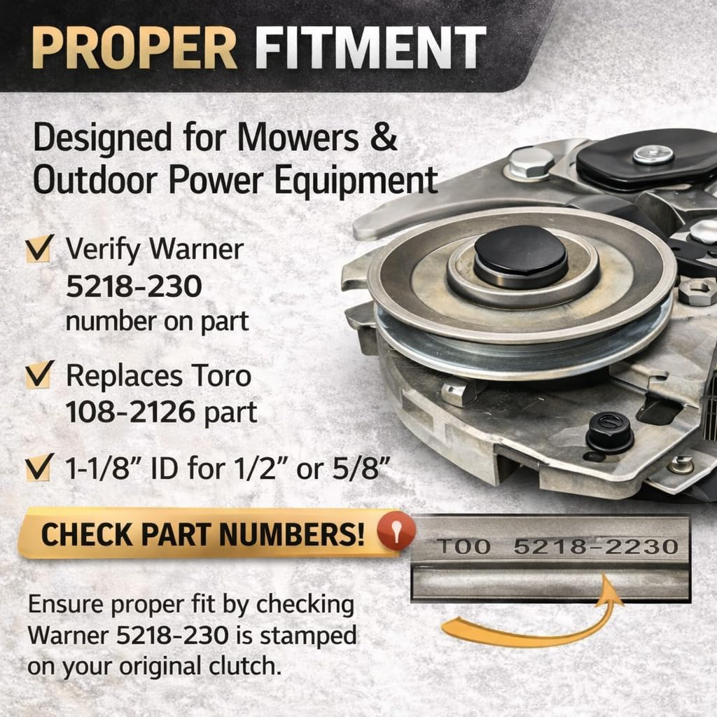 Warner PTO Clutch 5218-122 Replaces OEM Electric PTO Deck Clutch for Lawn Mower, Replaces 5218-122/5218-230, Toro 108-2126, Stens 255-960, 1/2 or 5/8 Belt, 4-3/4 H, 1-1/8 ID, Black