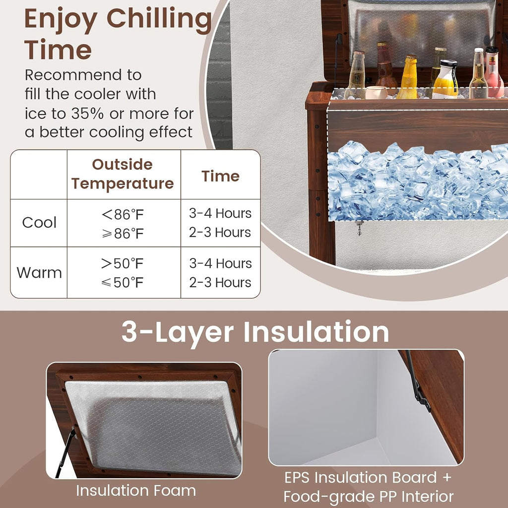 Moccha 54-Quart Wooden Patio Cooler - Outdoor Beverage Cooler w/Bottle Opener, 3-Layer Insulation, Drainage Cap, Pine Wood Ice Chest for Parties, Backyard, Poolside, Deck & BBQ Bar Drink