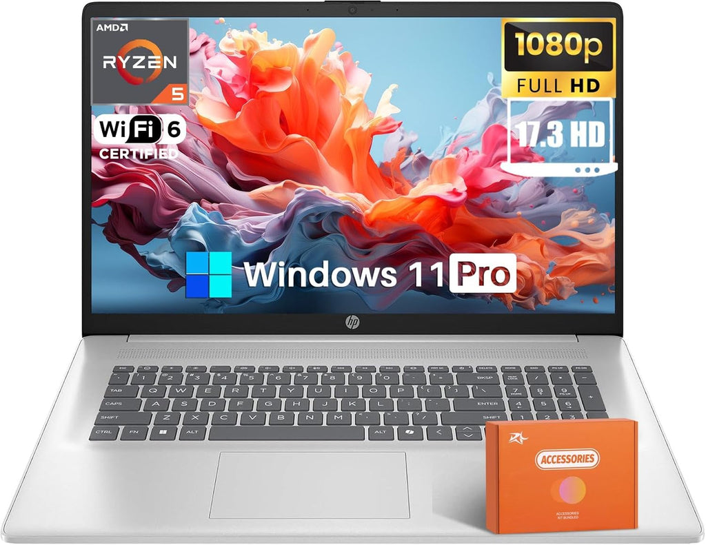 HP 17 inch Laptop, Microsoft Office Lifetime License & Windows 11 Pro, AMD Ryzen 5 7430U Processor, 17.3' FHD Display, 32GB RAM, 1TB SSD, AMD Radeon Graphics, Wi-Fi 6, Long Battery Life