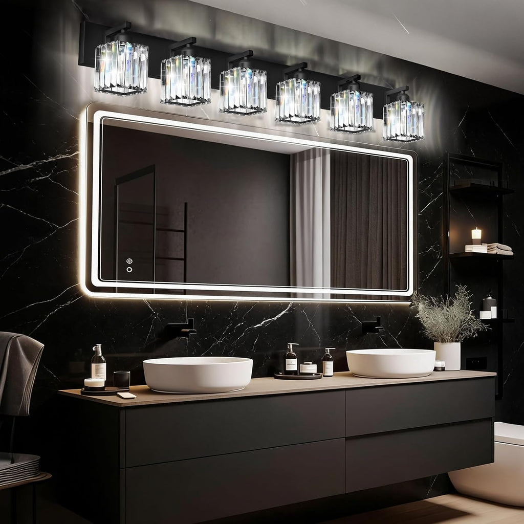 Black Crystal Bathroom Vanity Light, 6-Light Modern Bathroom Lighting Fixtures Over Mirror, Matte Black Wall Sconce Light Fixtures with Square Shade