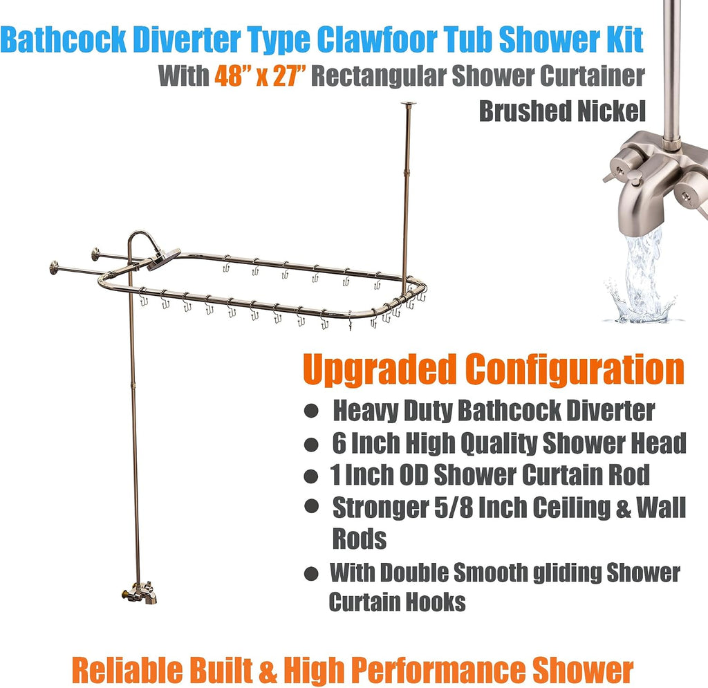 Clawfoot Tub Shower Kit, Add On Shower Units With Bathcock Diverter Faucet and 48' X 27' Rectangular Claw foot Tub Shower Curtain Rod Kit,Claw foot Tub Shower Faucet Set,Brushed Nickel