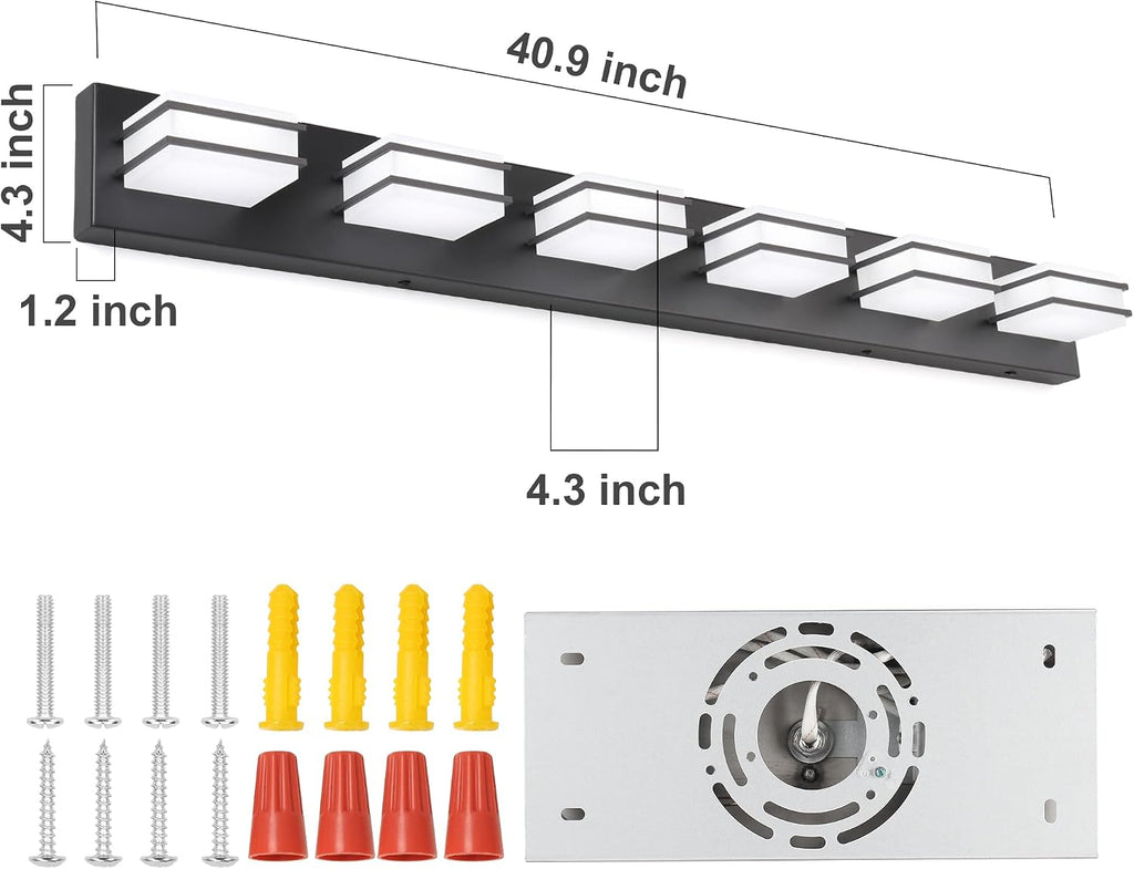 GOODATE 3 Color Temperature Dimmable Vanity Lights for Bathroom, Black 6 Light Vanity Light Fixtures, Acrylic Stainless Steel Square Shade Light Fixtures for Bathroom Above Mirror, ETL Certificated