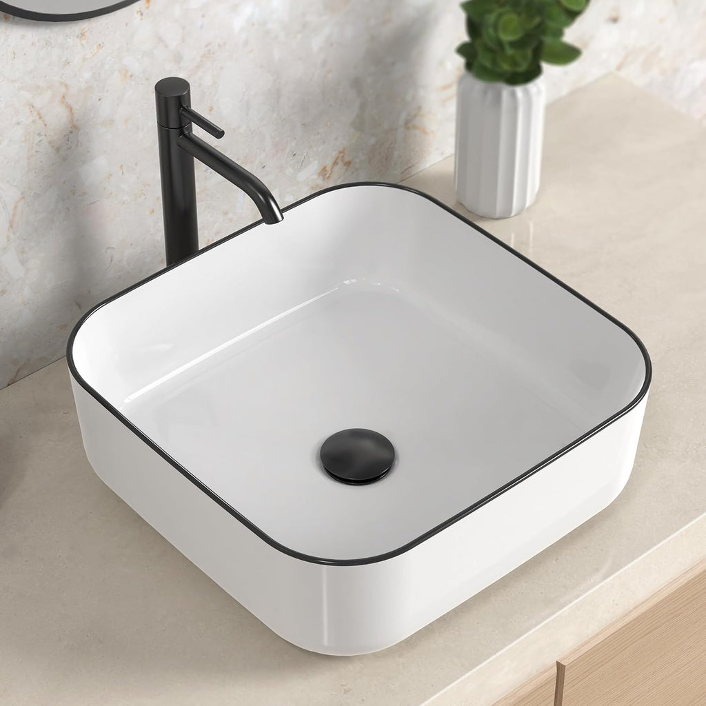 Countertop Bathroom Vessel Sink Black Trim Design 15 Inch Square, White Vessel Sink for Bathroom, Modern Ceramic Above Counter Bathroom Vanity Sink, Porcelain, CBS136