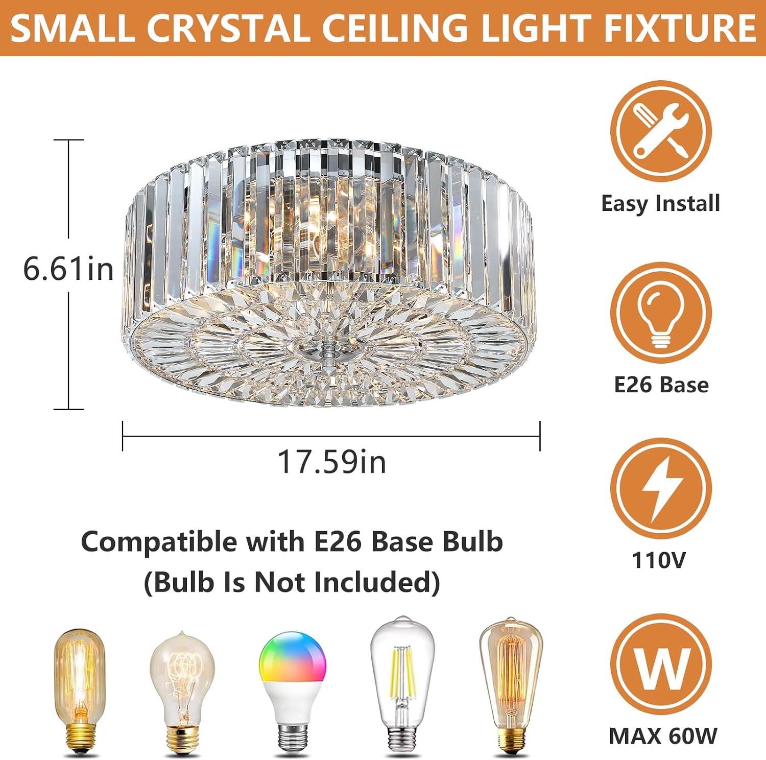 17.5' Large Crystal Ceiling Light, 4-Lights Flush Mount Crystal Ceiling Light, Chrome Ceiling Lamp Modern Chandelier for Bedroom, Dining Room,Living Room, XDD007-4-CH
