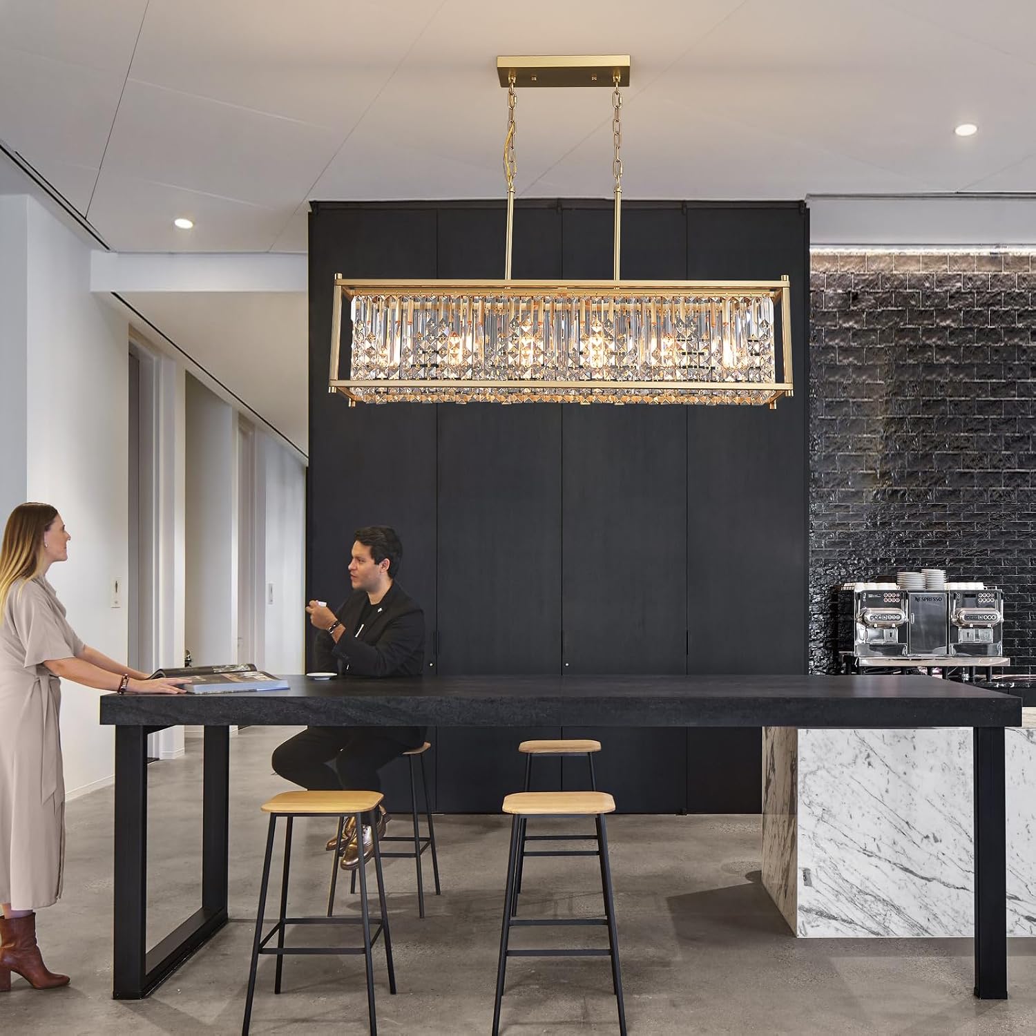 Q&S Modern Crystal Chandelier,Gold Rectangular Chandelier 6-Light,Luxury K9 Crystal Pendant Light for Dining Room Kitchen Island Bar Pool Table Hotel Office UL Listed