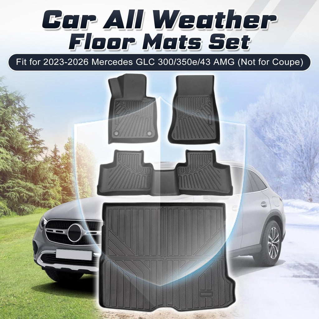 Sunsdrew Floor Mats for 2023-2025 2026 Mercedes Benz GLC 300/GLC 350e/GLC 43 AMG (Not for Coupe), All Weather Floor Liners & Rear Trunk Mat for GLC Accessories, TPE Rubber, Raised Edge