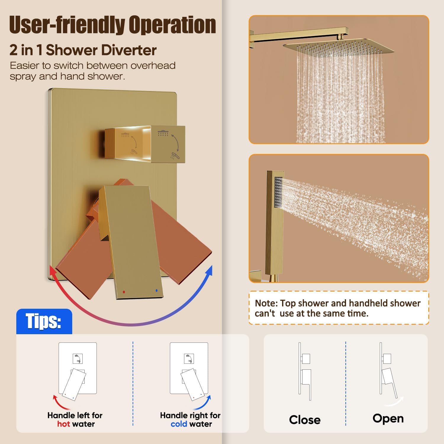 Gabrylly Shower System Gold, High Pressure 12' Rainfall Shower heads with Handheld Spray Combo, Modern Bathroom Shower Fixtures, Complete Shower Faucet Set with Valve and Diverter, Brushed Gold