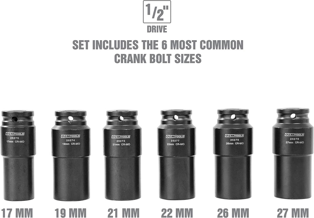 OEMTOOLS 25276 6 Piece Harmonic Balancer Puller Socket Set, Crankshaft Bolt Removal Tool Heavy Duty Impact Sockets, Harmonic Balancer Socket 17mm -27 mm, Chrome Moly Steel, 1/2' Drive