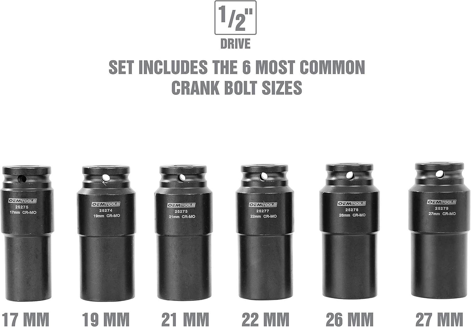 OEMTOOLS 25276 6 Piece Harmonic Balancer Puller Socket Set, Crankshaft Bolt Removal Tool Heavy Duty Impact Sockets, Harmonic Balancer Socket 17mm -27 mm, Chrome Moly Steel, 1/2' Drive