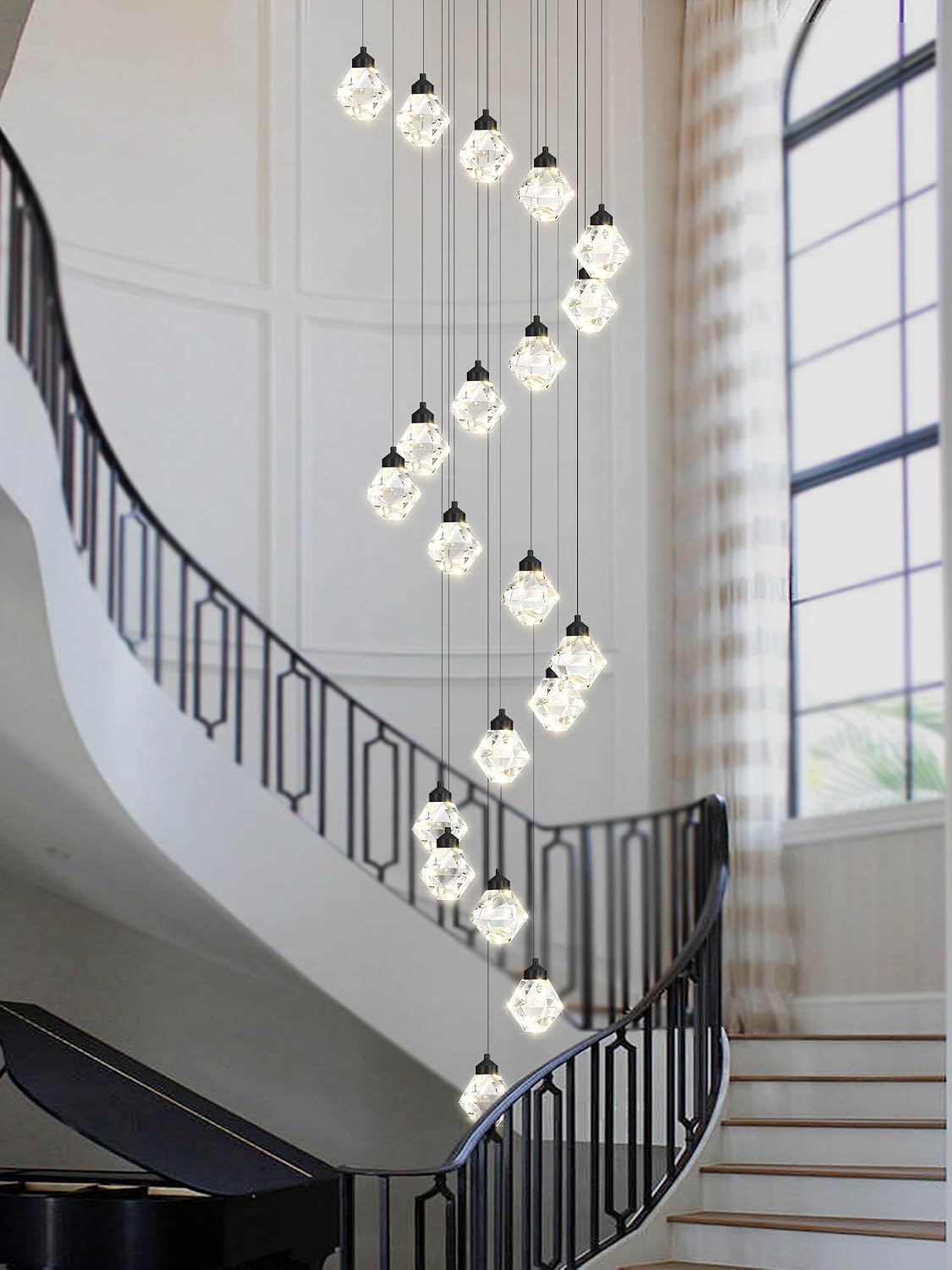 20-Light Chandelier Staircase Chandeliers for High Ceilings Crystal Chandeliers for Living Room Black Pendant Light Fixture Dimmable LED Hanging Light with Remote