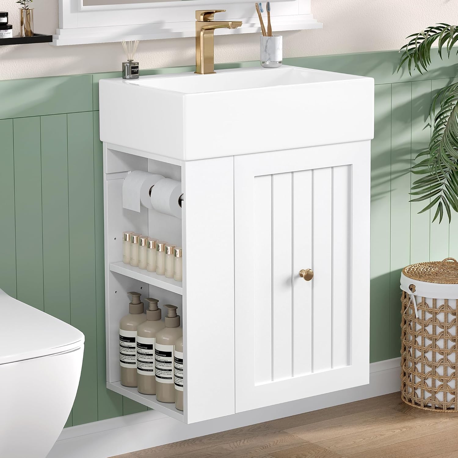20-inch Bathroom Vanity with Sink Combo, Wall-Mounted Single Storage Cabinet with One Drawer& Left 2-Tier Storage Shelves, Wooden Vanity with Ceramic Basin for Bathroom, White