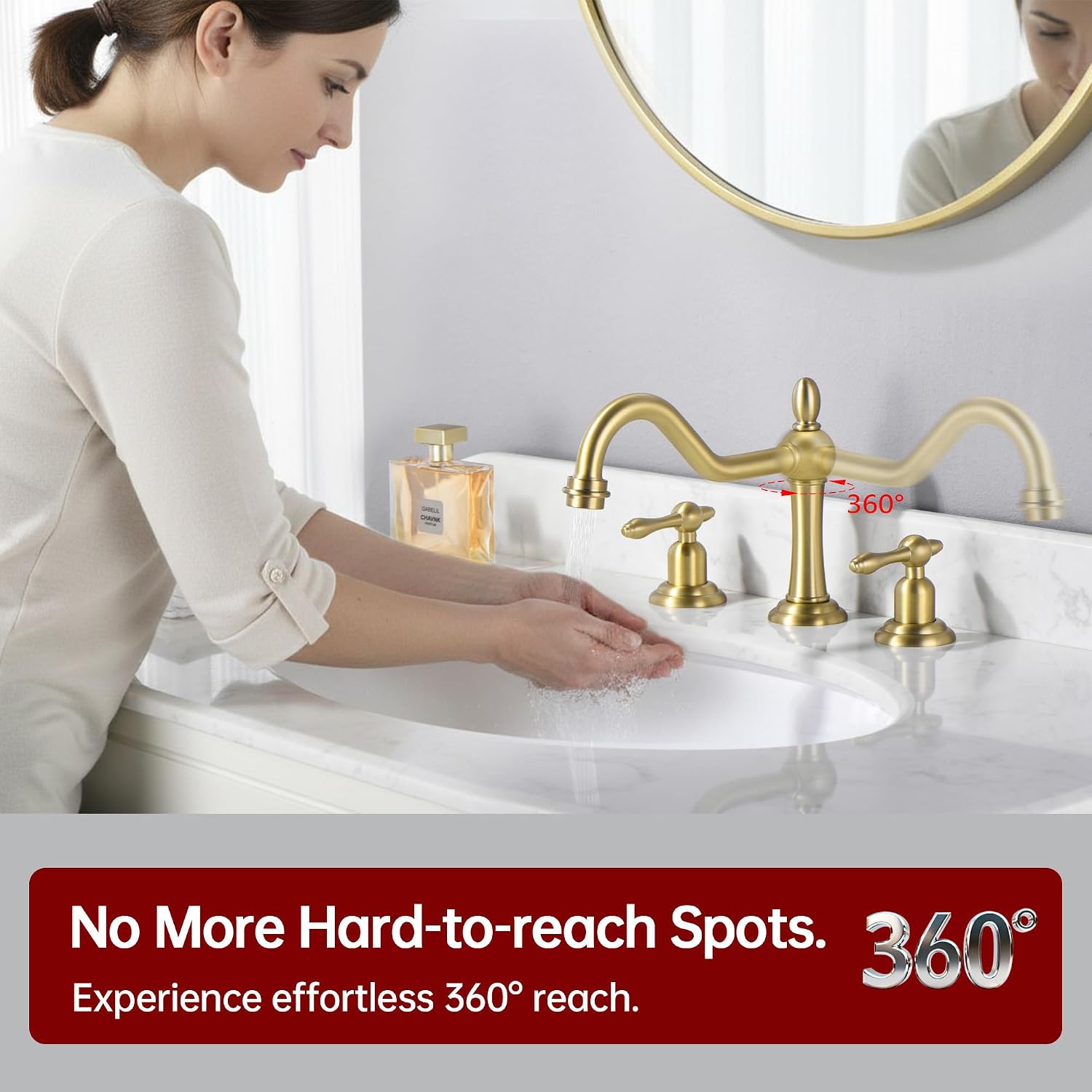 sumerain 3 Holes 8 inch Widespread Bathroom Sink Faucet, Brushed Gold 2 Handle Vanity Faucet with Swivel Spout