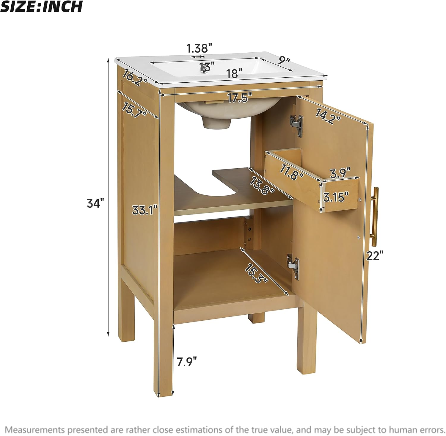 18-inch Bathroom Vanity with Sink Combo, Free-Standing Single Storage Cabinet with One Soft-Close & Adjustable Shelf, Modern Natural Wood Grain Vanity with Ceramic Basin for Bathroom (Natural)