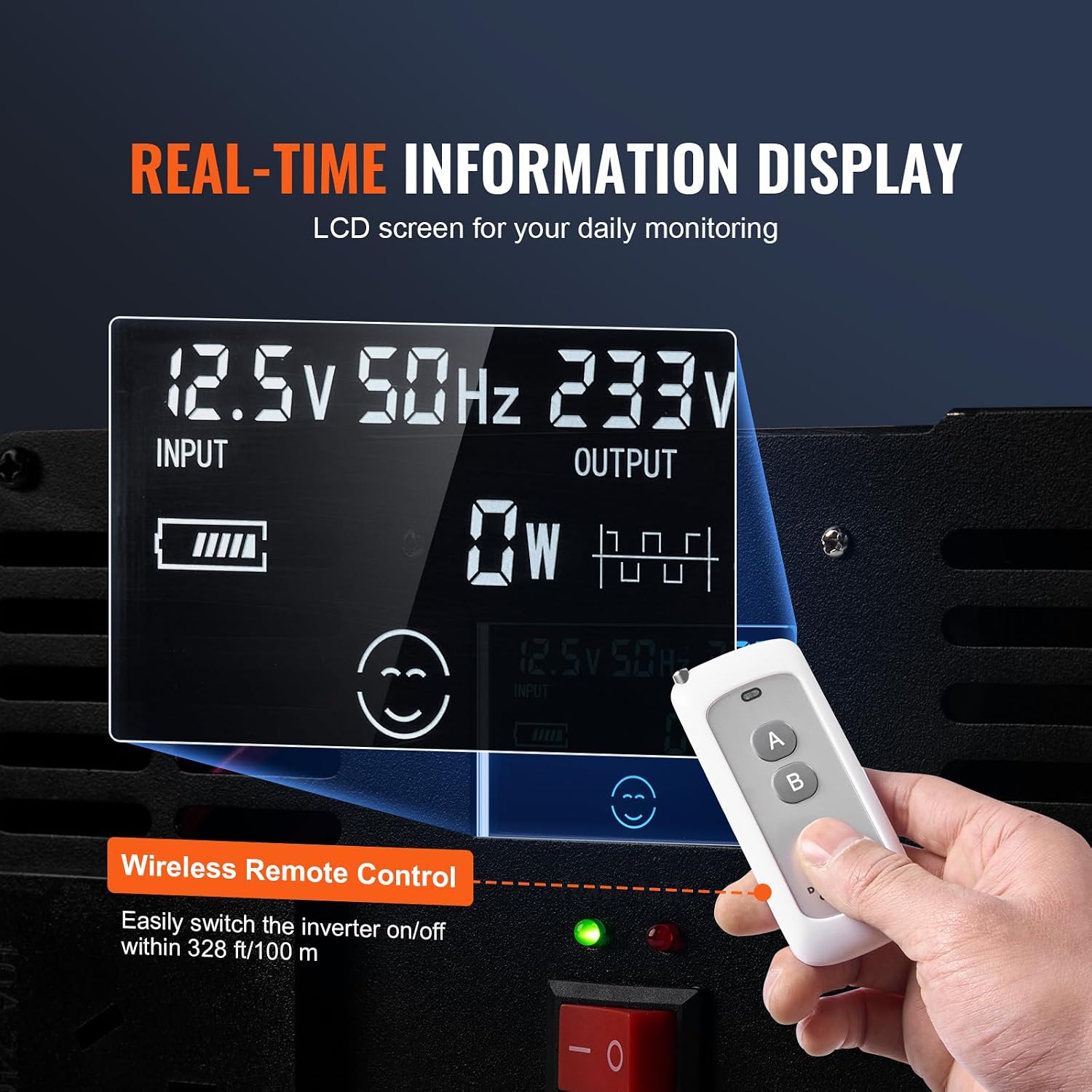 VEVOR Modified Sine Wave Inverter, 5000W, DC 12V to AC 120V Power Inverter with 6 AC Outlets 2 USB Port 1 Type-C Port, LCD Display and Remote Controller for High Load Home Appliances, CE FCC Certified