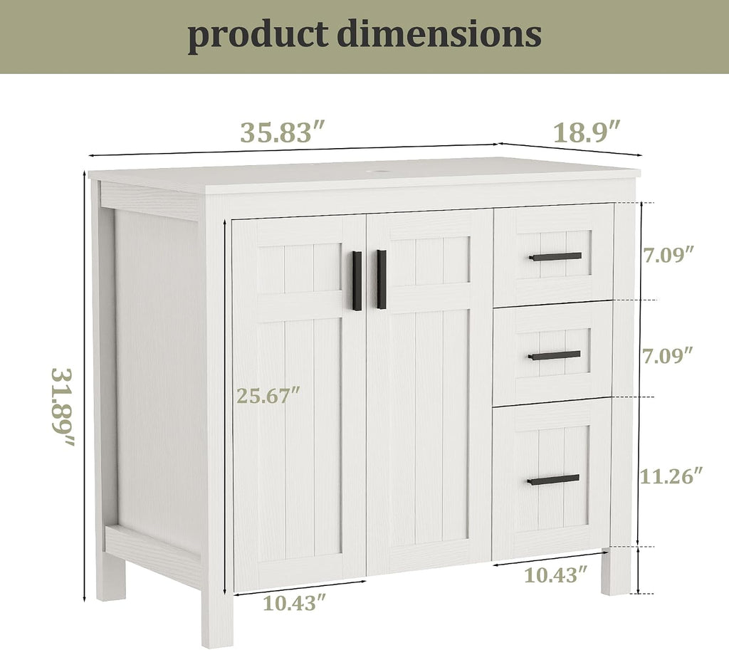 UEV 36' Bathroom Vanity with Sink Combo,Modern Freestanding Sink Cabinet with 3 Drawers,Stylish Bathroom Vanity Cabinet,Grooved Door,Metal Handles,Vessel Sink (Bronze Boat, 36' White)