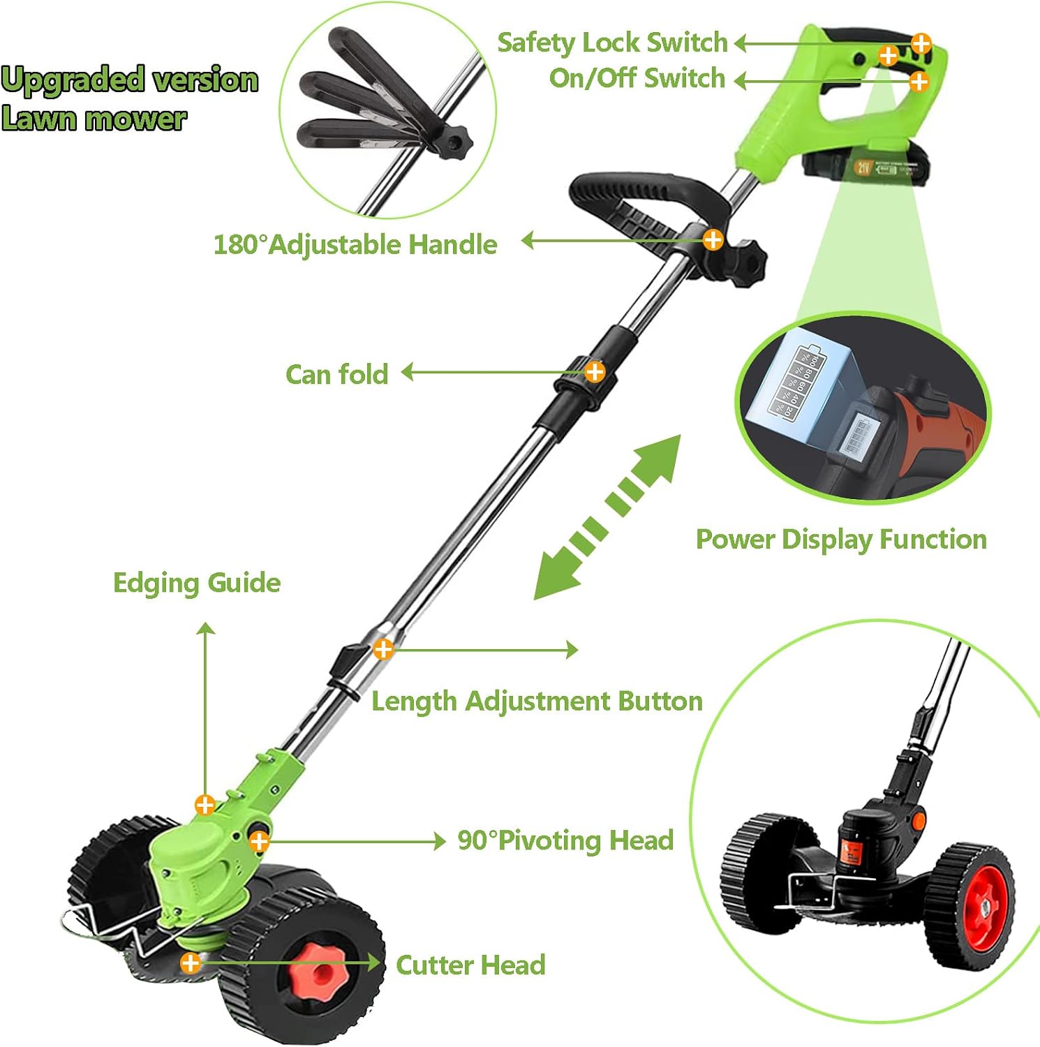 Electric Cordless Weed Wacker, Lightweight Wheeled No String Trimmer Lightweight and Powerful String Trimmer Push Lawn Mower Retractable and Foldable for Lawn, Yard, Garden