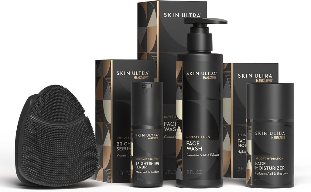 MANSCAPED® The Face Buffer PRO, Skin Ultra™ Face Wash, Face Moisturizer & Brightening Serum Bundle – Men's Daily Skincare Routine for Cleansing, Exfoliating, Hydration & Radiance