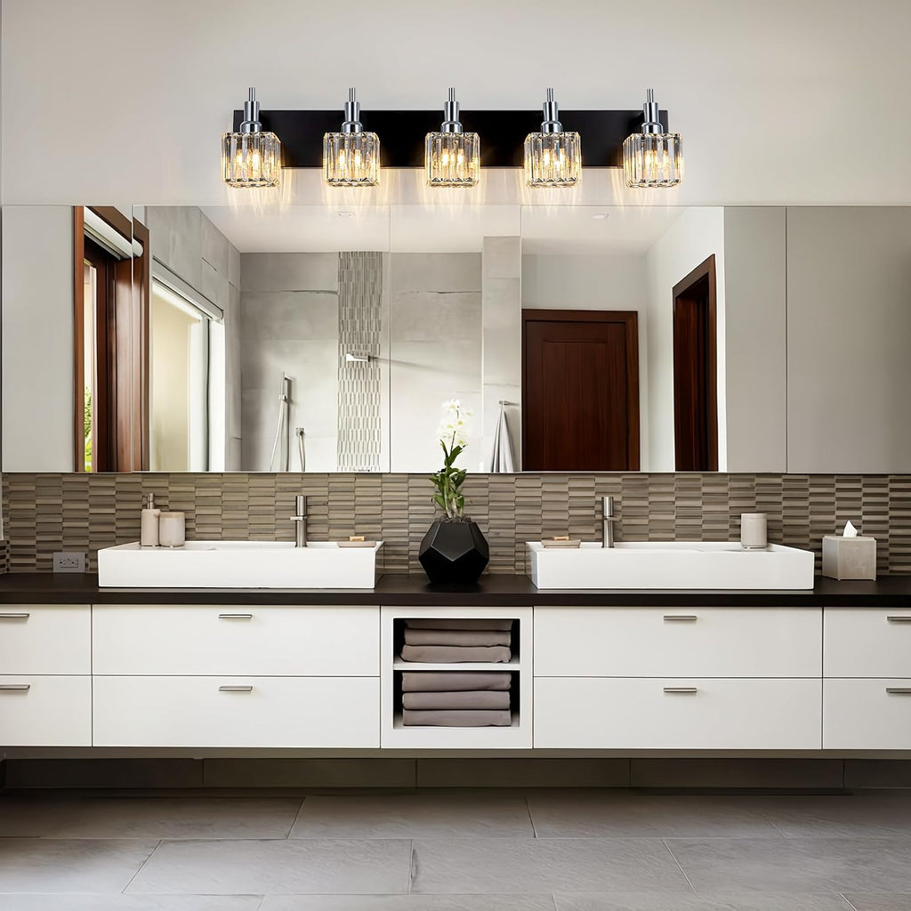 Black Chrome Bathroom Vanity Lights, 5 Lights Modern Crystal Bathroom Lighting Fixtures Over Mirror Crystal Wall Light with Square Shade