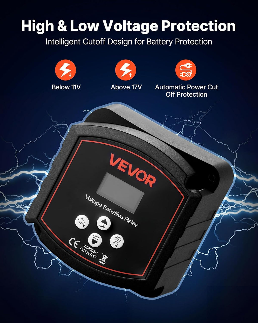 VEVOR Dual Battery Isolator Kit, 12V 300 Amp 20 ft 2AWG, Manual and Automatic VSR Voltage Sensitive Relay with Voltmeter, LCD Screen, Smart Battery Isolator, Compatible with Lithium Batteries, for UTV