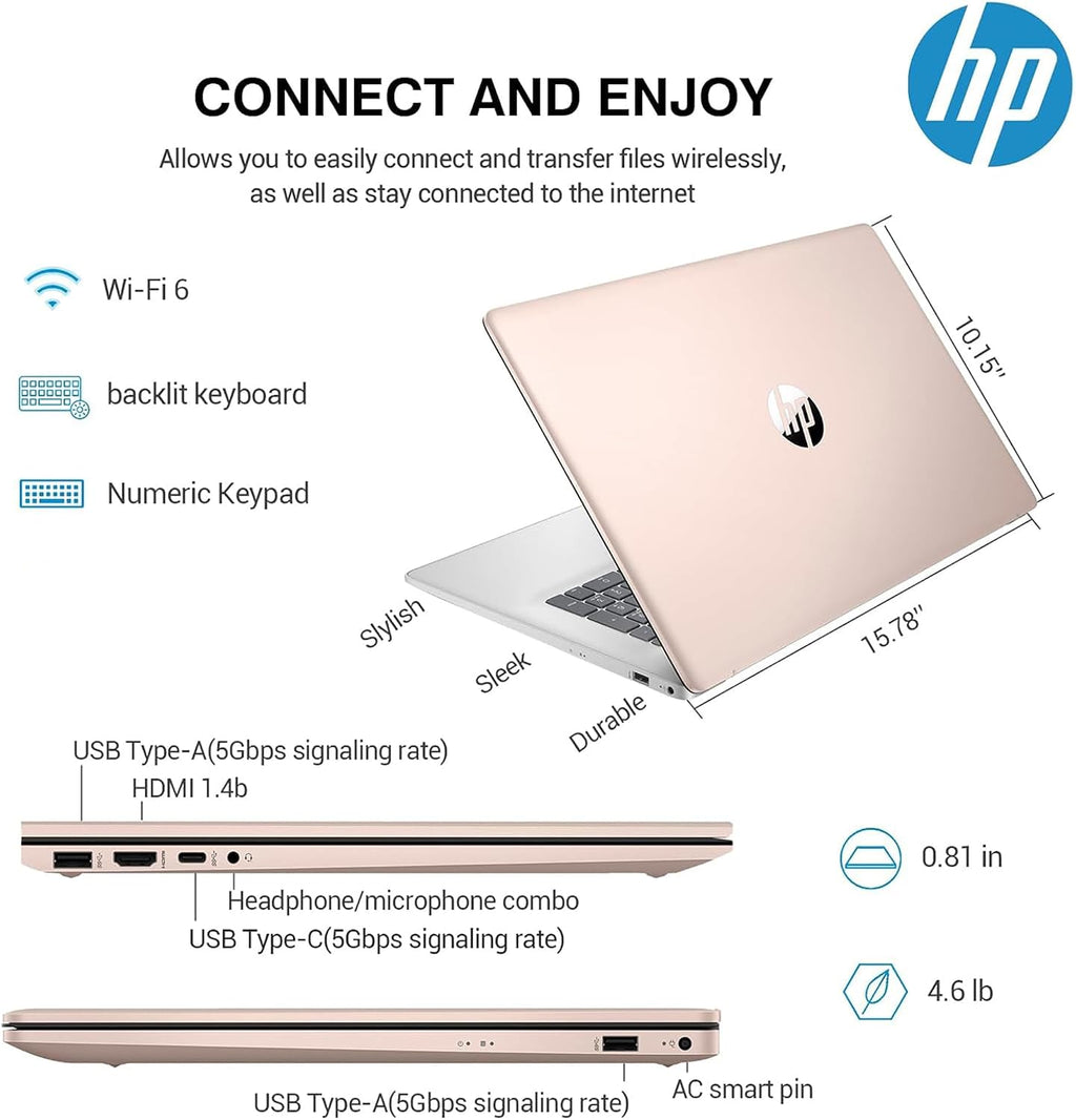 HP 17 Inch Touch Screen Laptop with Ultra-Fast Intel 10-Core i7-1355U CPU (5GHz), 32GB RAM, 1TB SSD, Backlit Keyboard, HDMI, USB-C, Windows 11 Home, Office 365 for The Web, Rose Gold