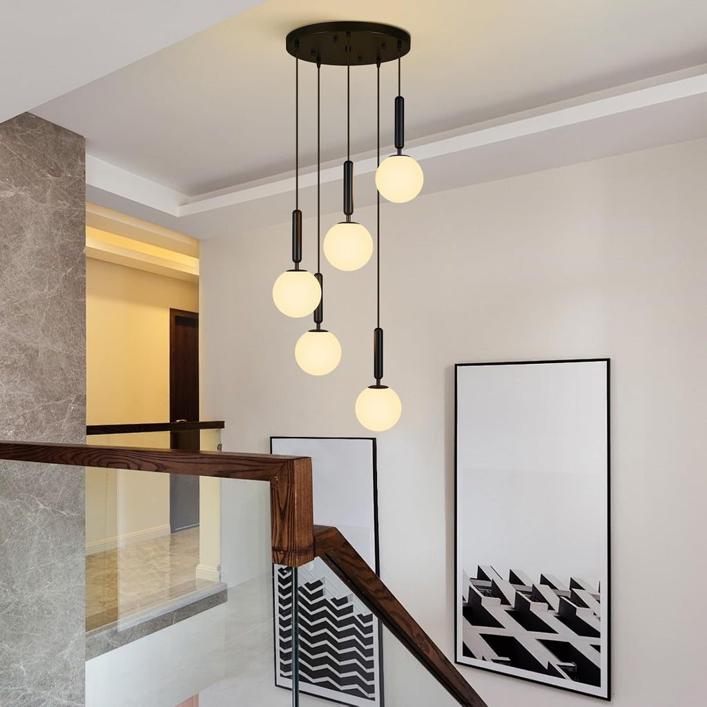 Modern Black Pendant Light Hanging Fixture Light for Kitchen Island Mid Century with Globe Pendant Light Milk White Glass Pendant Lighting for Living Room Bedroom Entryway (5 Lights)